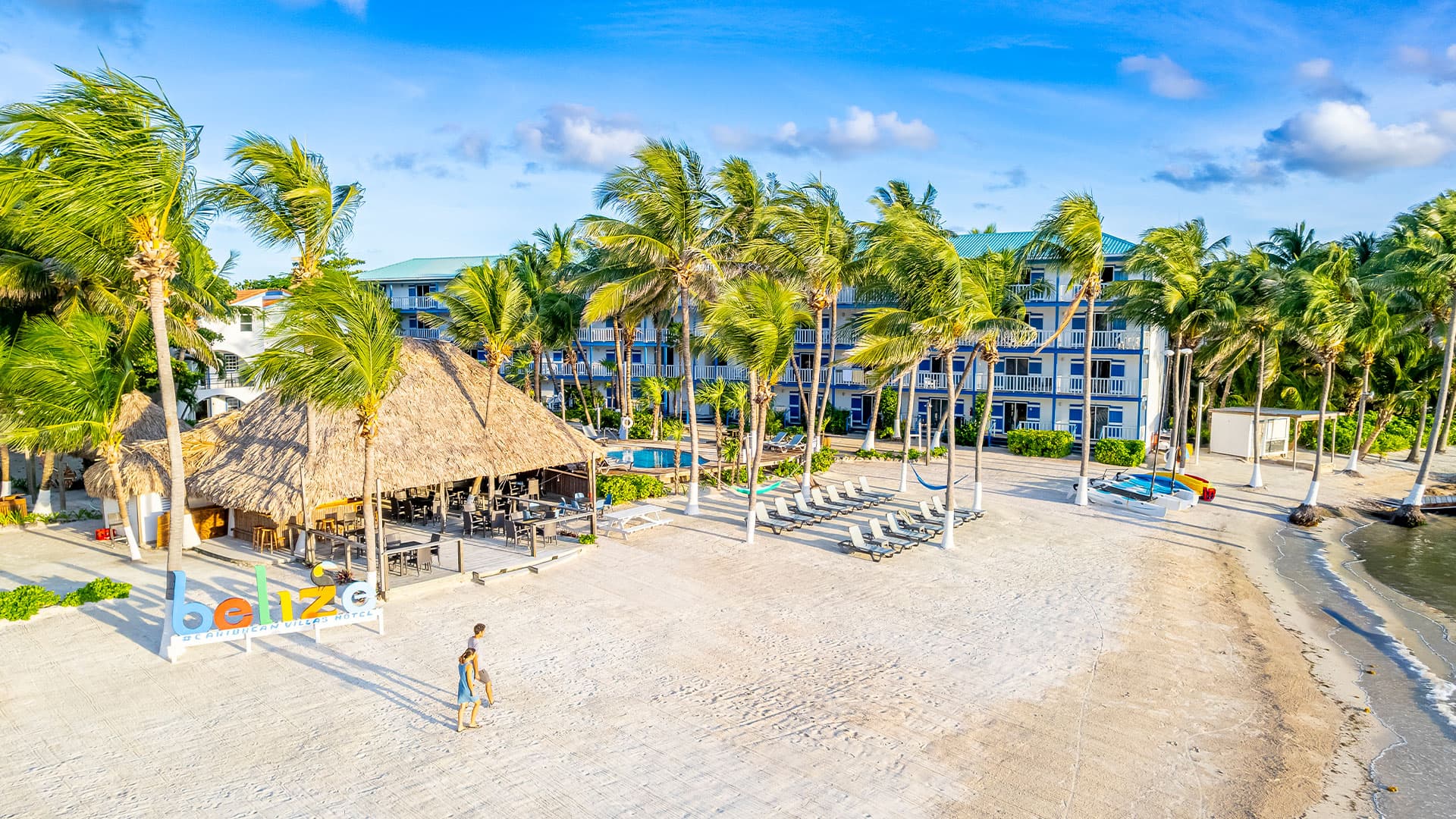 A beach resort with palm trees, a thatched-roof cabana, and lounge chairs along a sandy shore.