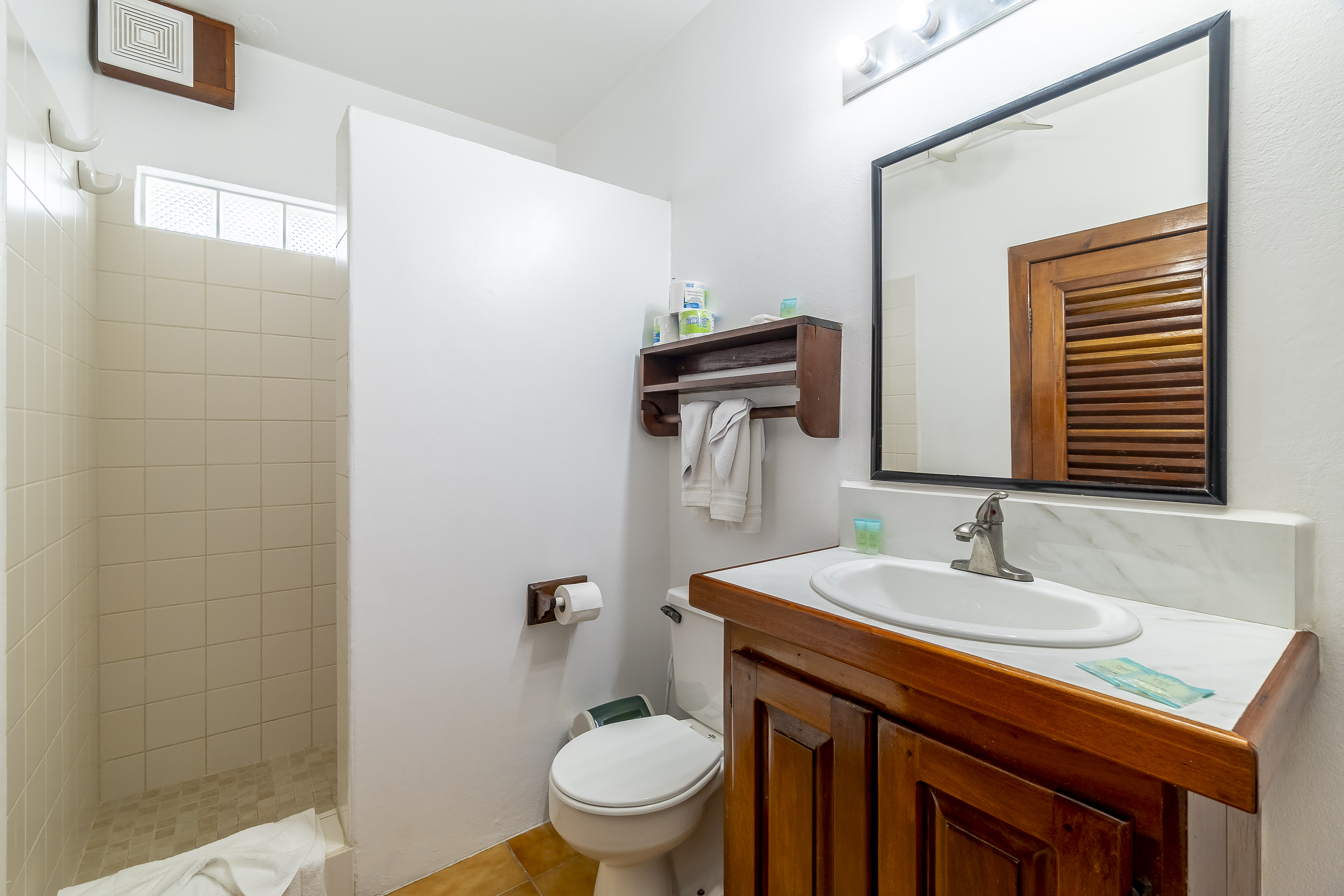 Clean, white-tiled bathroom in a tropical suite featuring a wooden vanity with a white countertop and sink, a large mirror with a black frame, a toilet, and a walk-in shower area.