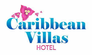 Logo for Caribbean Villas Hotel featuring pink flowers and blue text.