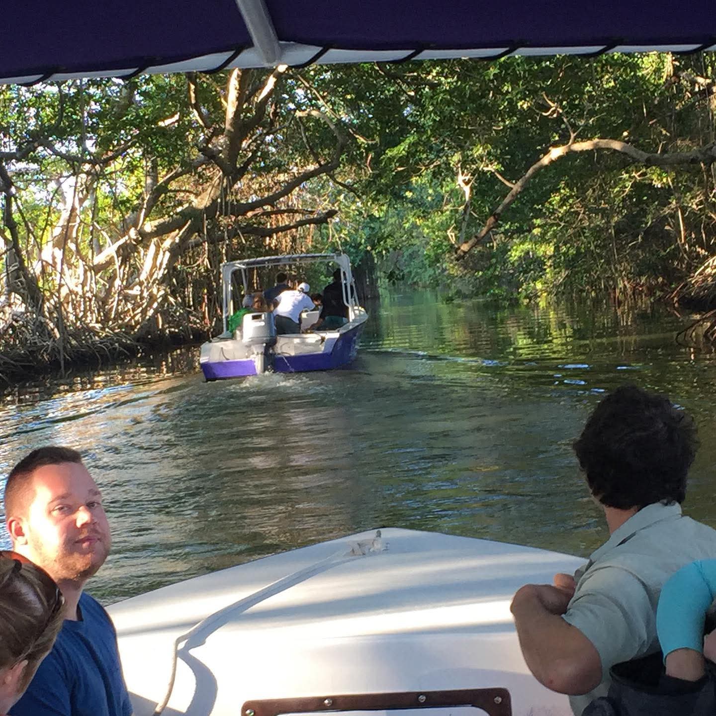 Two boats navigate a narrow, tree-lined waterway.